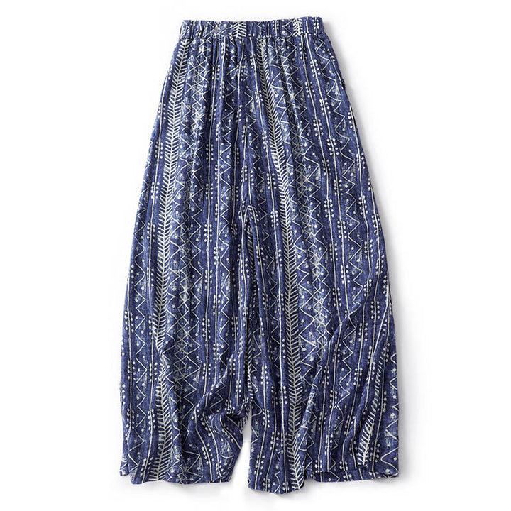 Pantalones anchos de lino y algodón con estampado de rayas azules y Buddha Stones y bolsillos - image 11