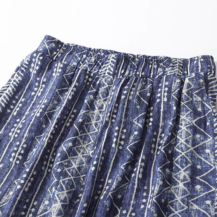 Pantalones anchos de lino y algodón con estampado de rayas azules y Buddha Stones y bolsillos - image 4