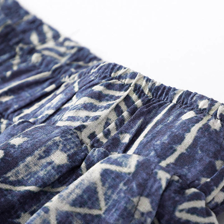 Pantalones anchos de lino y algodón con estampado de rayas azules y Buddha Stones y bolsillos - image 4