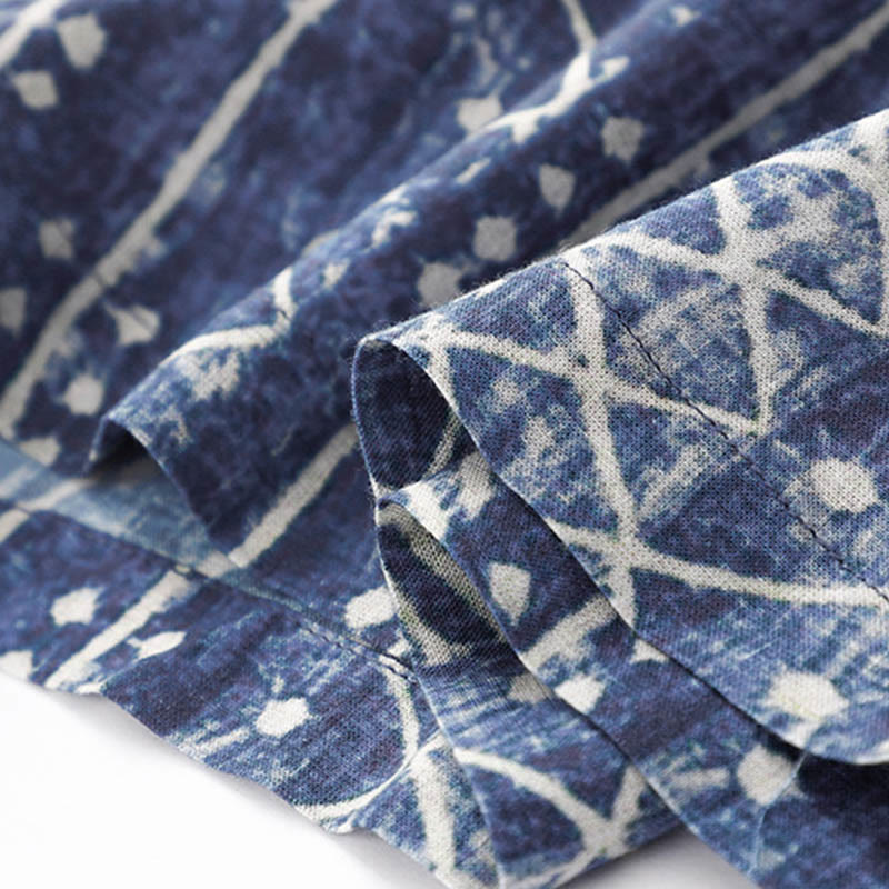 Pantalones anchos de lino y algodón con estampado de rayas azules y Buddha Stones y bolsillos - image 10