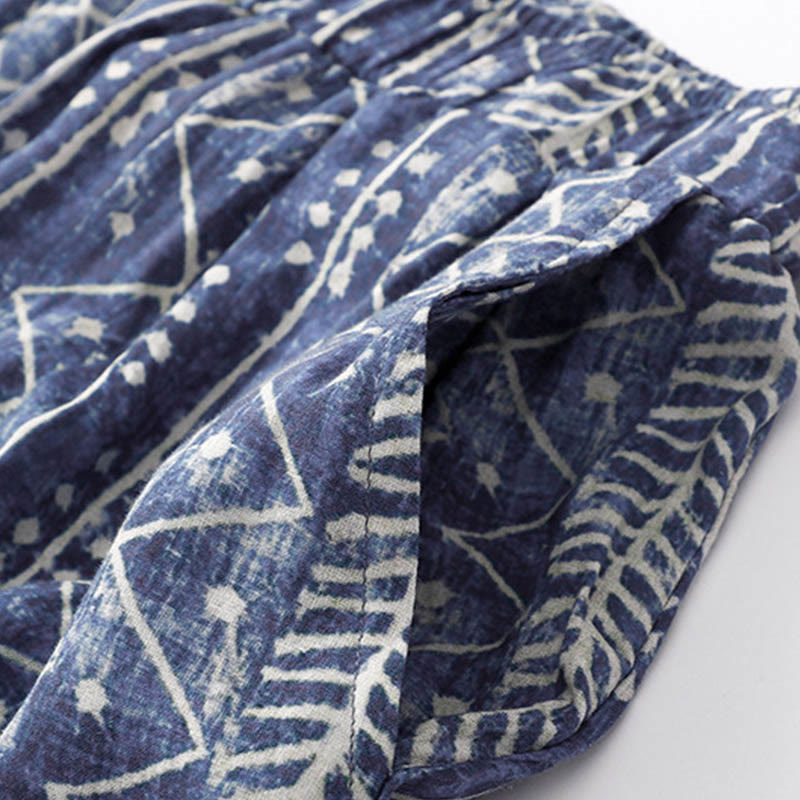 Pantalones anchos de lino y algodón con estampado de rayas azules y Buddha Stones y bolsillos - image 6