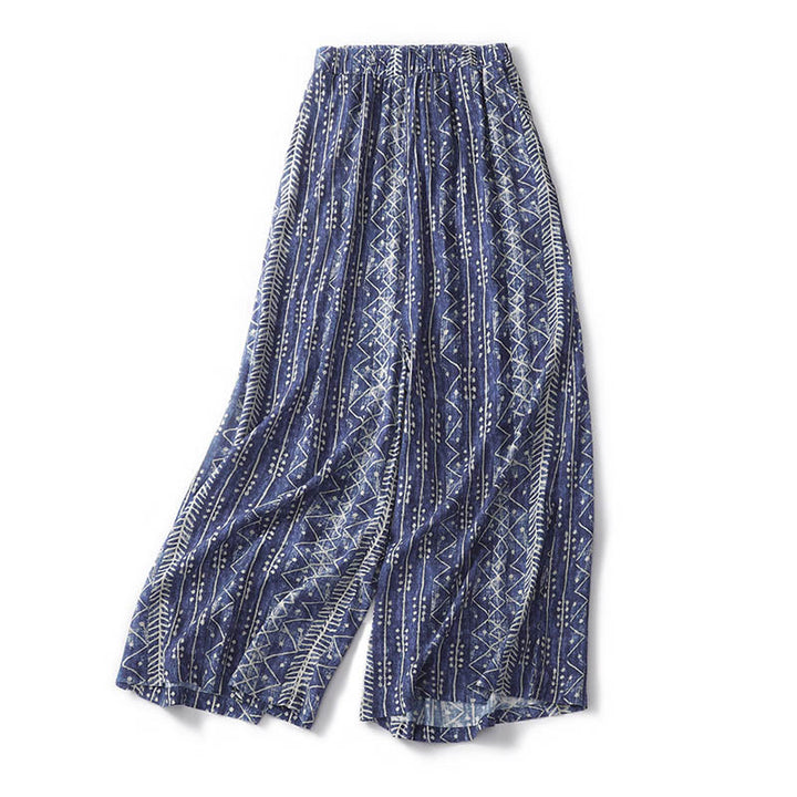 Pantalones anchos de lino y algodón con estampado de rayas azules y Buddha Stones y bolsillos - image 3
