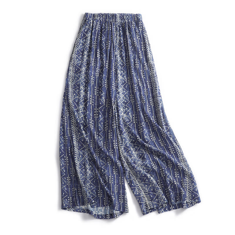 Pantalones anchos de lino y algodón con estampado de rayas azules y Buddha Stones y bolsillos - US8-10，UK/AU12-14，EU40-42 (2XL) - image 1