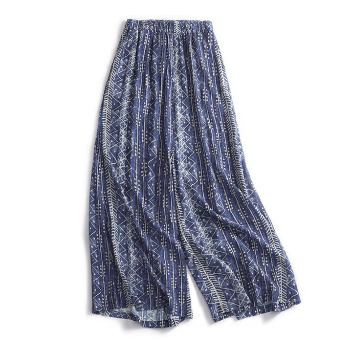 Pantalones anchos de lino y algodón con estampado de rayas azules y Buddha Stones y bolsillos - US8-10，UK/AU12-14，EU40-42 (2XL) - image 1