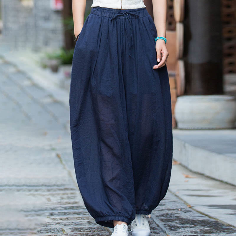 Pantalones de lino con cordón y bolsillos de color liso de verano con Buddha Stones - image 7