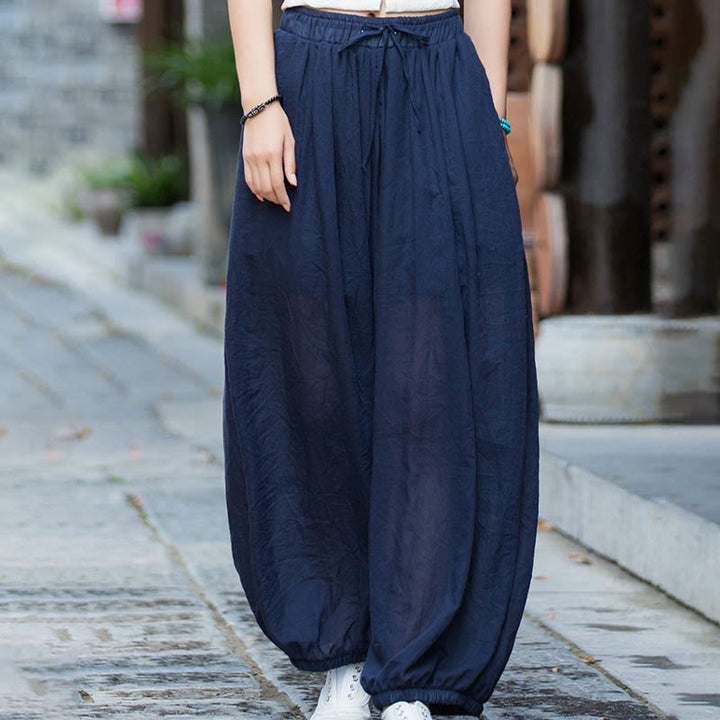 Pantalones de lino con cordón y bolsillos de color liso de verano con Buddha Stones - image 9
