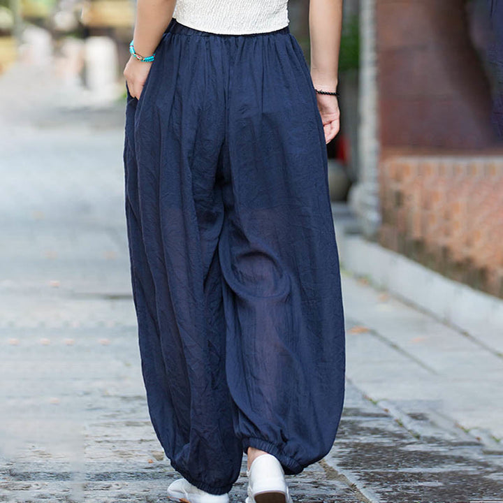 Pantalones de lino con cordón y bolsillos de color liso de verano con Buddha Stones - image 3