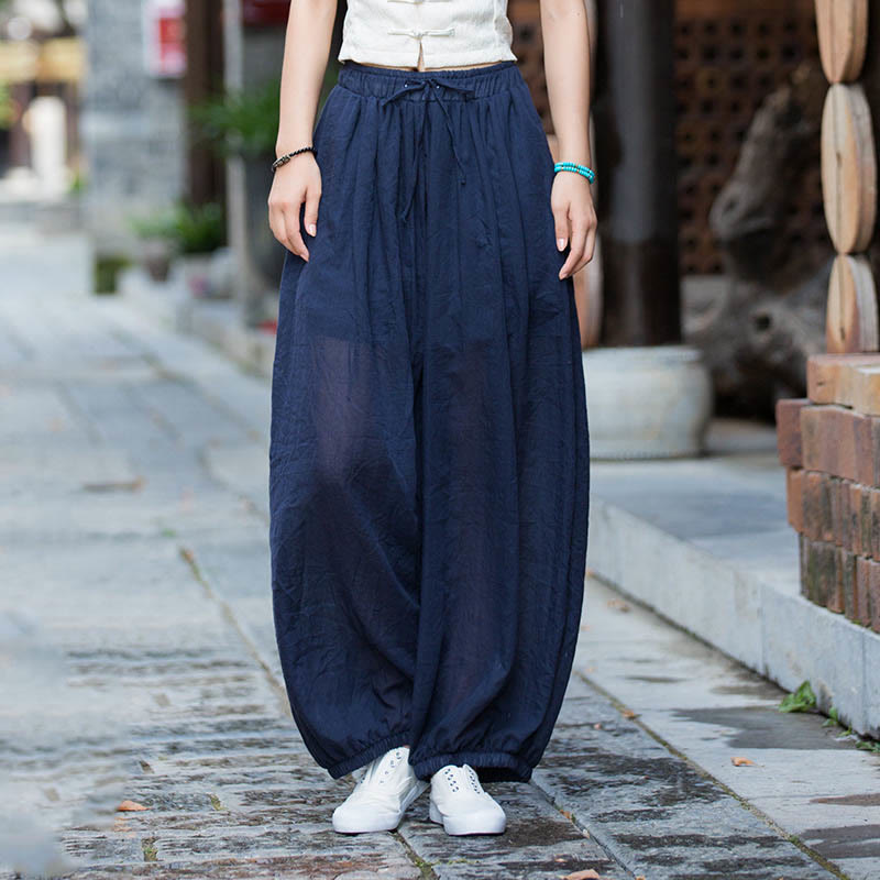 Pantalones de lino con cordón y bolsillos de color liso de verano con Buddha Stones - image 10
