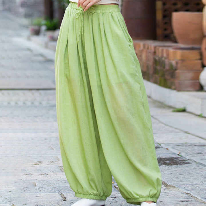 Pantalones de lino con cordón y bolsillos de color liso de verano con Buddha Stones - image 21