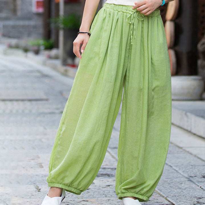 Pantalones de lino con cordón y bolsillos de color liso de verano con Buddha Stones - image 20