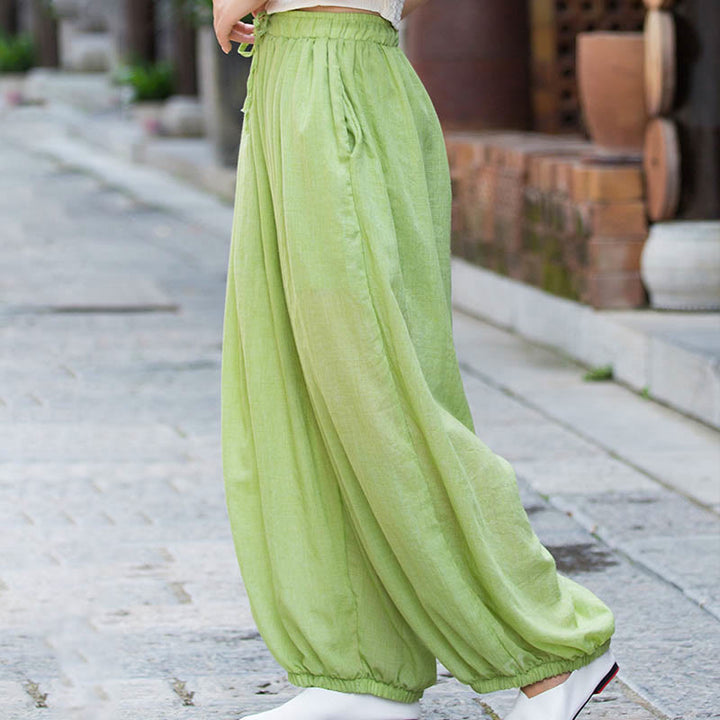 Pantalones de lino con cordón y bolsillos de color liso de verano con Buddha Stones - image 22