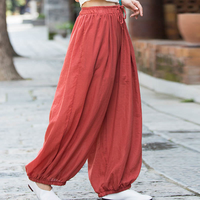 Pantalones de lino con cordón y bolsillos de color liso de verano con Buddha Stones - image 31