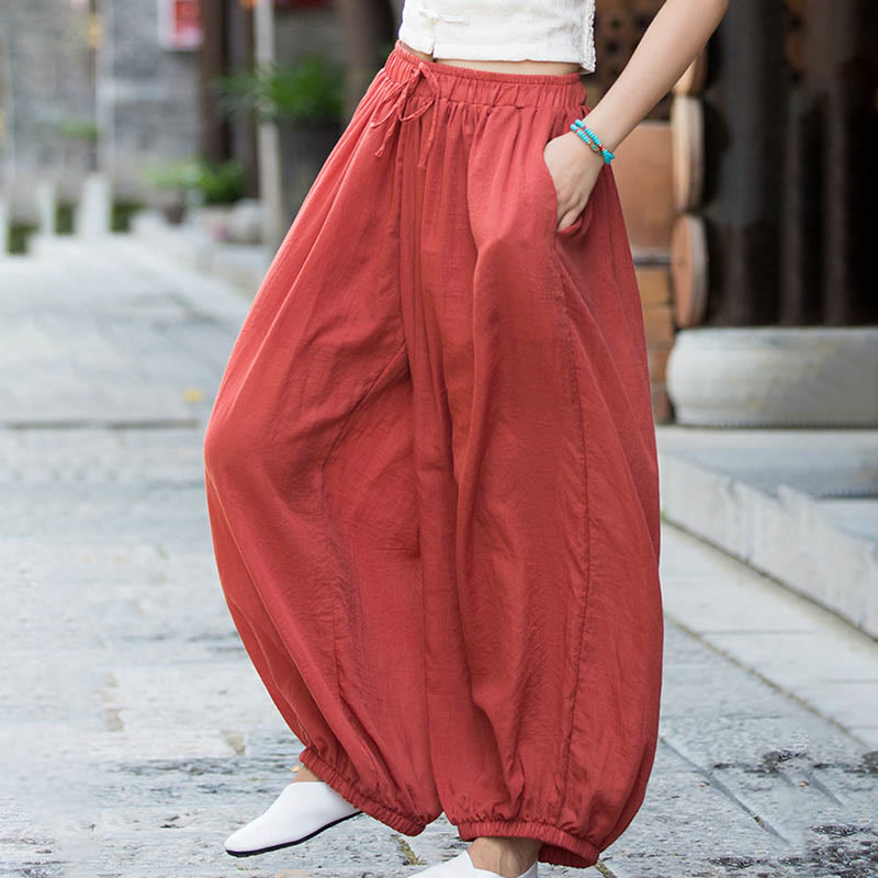Pantalones de lino con cordón y bolsillos de color liso de verano con Buddha Stones - image 32