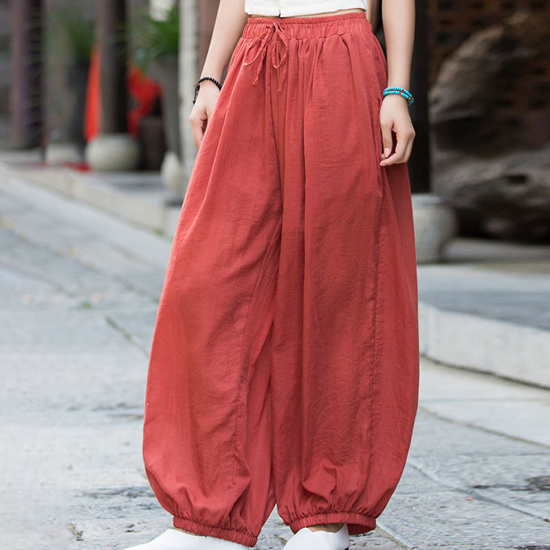 Pantalones de lino con cordón y bolsillos de color liso de verano con Buddha Stones - image 28