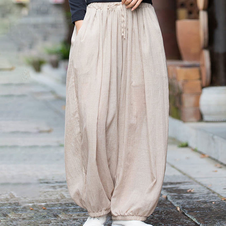 Pantalones de lino con cordón y bolsillos de color liso de verano con Buddha Stones - image 17