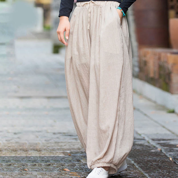 Pantalones de lino con cordón y bolsillos de color liso de verano con Buddha Stones - image 13