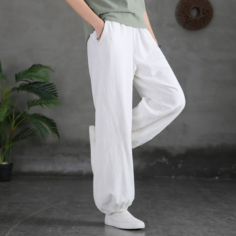 Pantalones de mujer de lino, ramio y algodón lisos con estampado de Buddha Stones y bolsillos. - Blanco - US6, UK/AU10, EU38 (L) - image 28