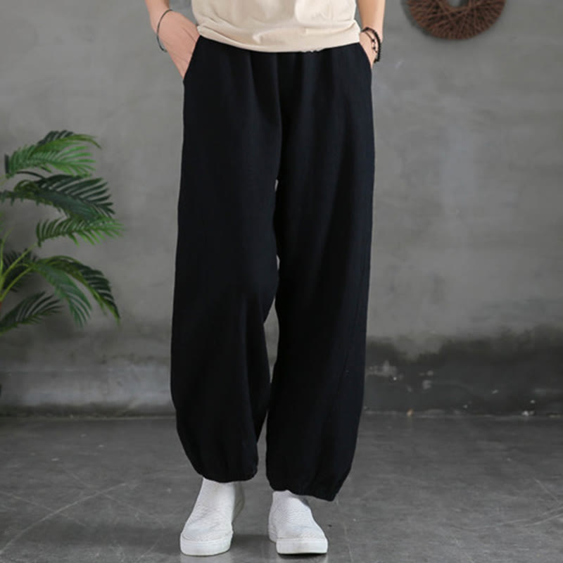 Pantalones de mujer de lino, ramio y algodón lisos con estampado de Buddha Stones y bolsillos. - Negro - US6, UK/AU10, EU38 (L) - image 39