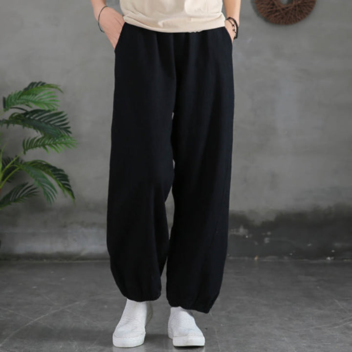 Pantalones de mujer de lino, ramio y algodón lisos con estampado de Buddha Stones y bolsillos. - Negro - US6, UK/AU10, EU38 (L) - image 39