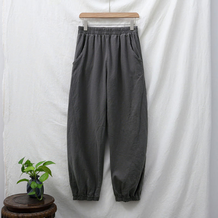 Pantalones de lino y algodón con ramio de color liso con bolsillos y Buddha Stones - image 6