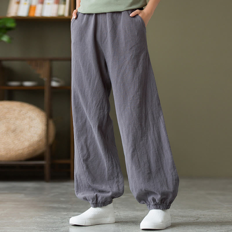Pantalones de lino y algodón con ramio de color liso con bolsillos y Buddha Stones - image 4