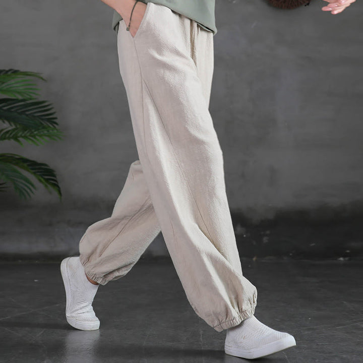 Pantalones de lino y algodón con ramio de color liso con bolsillos y Buddha Stones - image 11