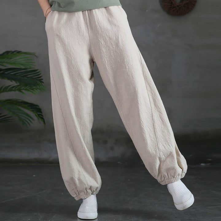 Pantalones de lino y algodón con ramio de color liso con bolsillos y Buddha Stones - image 12