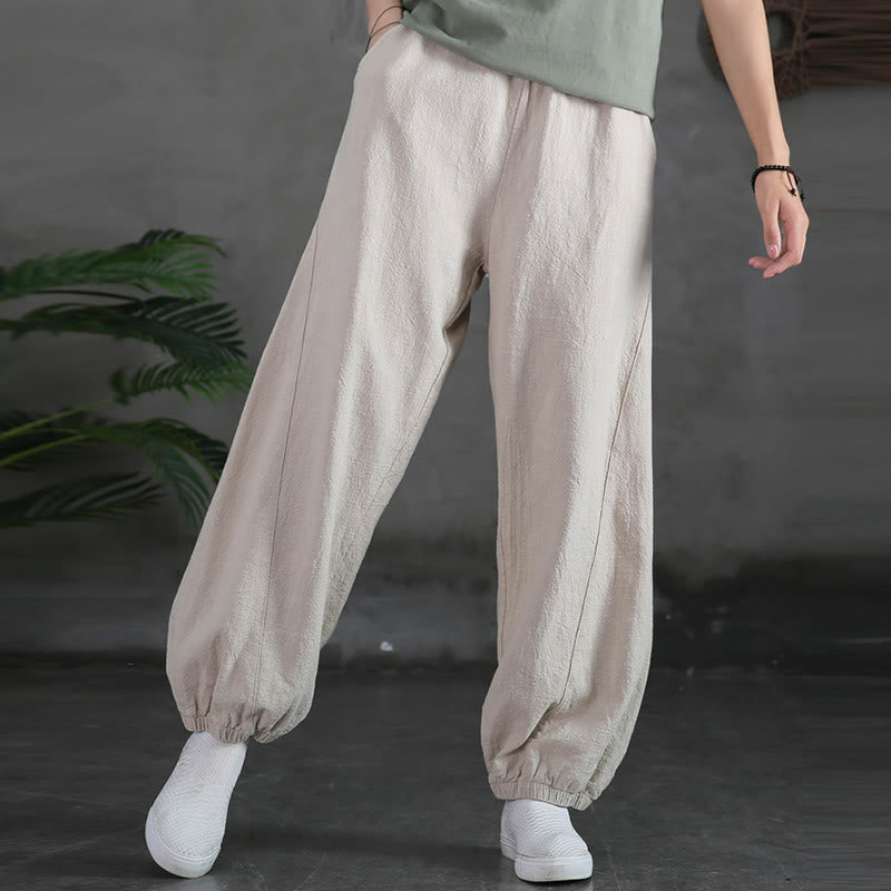 Pantalones de lino y algodón con ramio de color liso con bolsillos y Buddha Stones - image 9