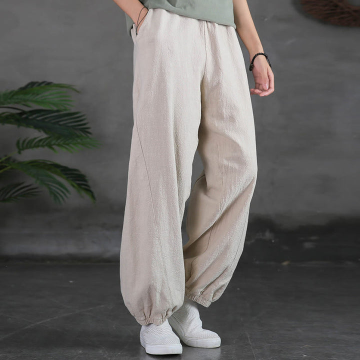 Pantalones de lino y algodón con ramio de color liso con bolsillos y Buddha Stones - image 10