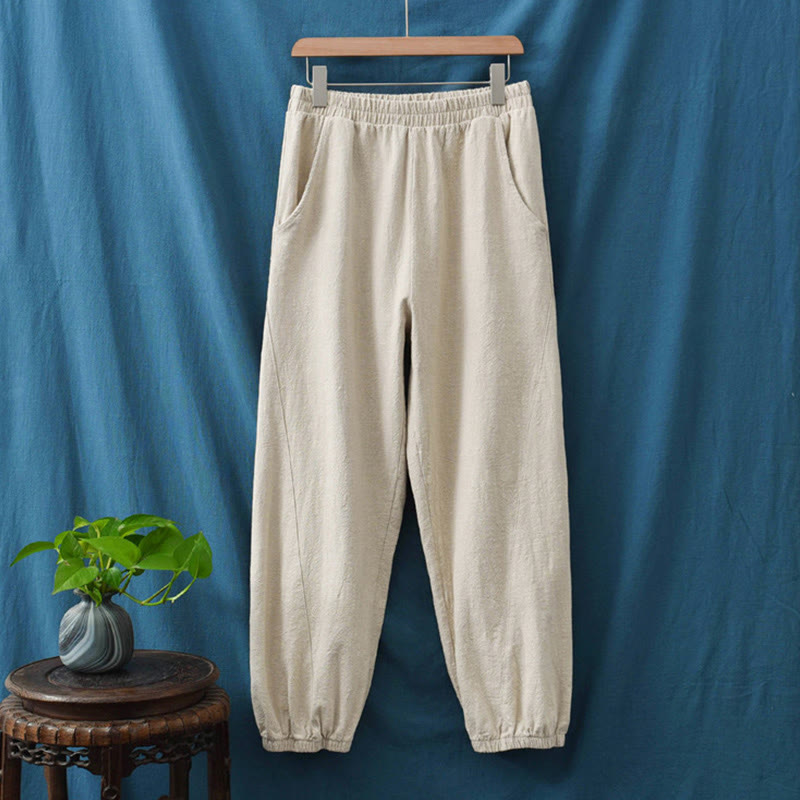 Pantalones de lino y algodón con ramio de color liso con bolsillos y Buddha Stones - image 13