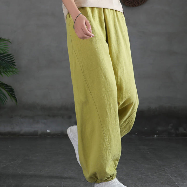 Pantalones de lino y algodón con ramio de color liso con bolsillos y Buddha Stones - image 17