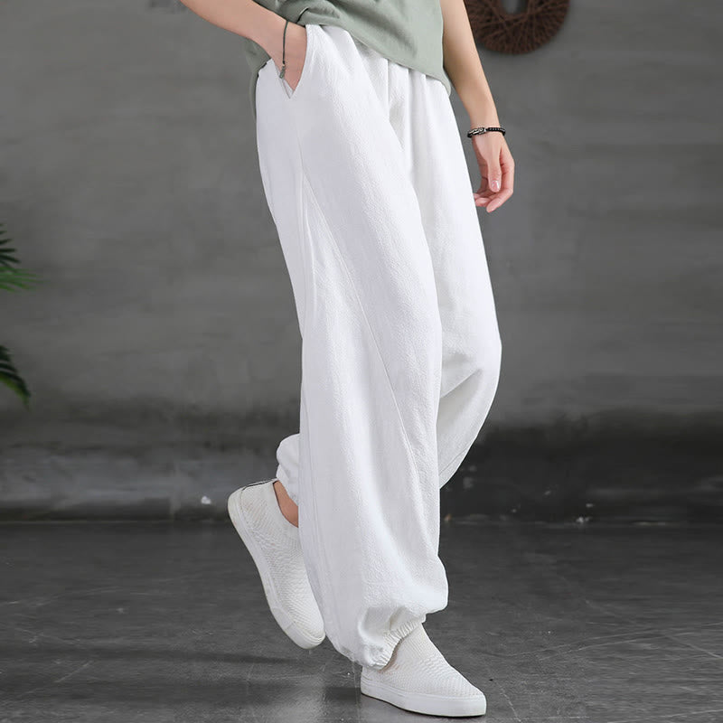 Pantalones de mujer de lino, ramio y algodón lisos con estampado de Buddha Stones y bolsillos. - image 30