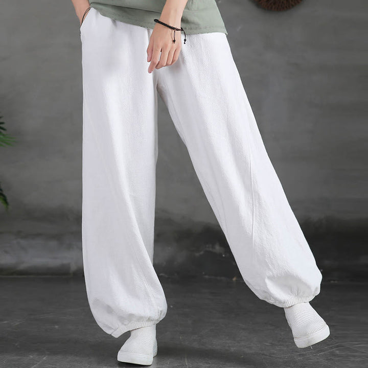 Pantalones de mujer de lino, ramio y algodón lisos con estampado de Buddha Stones y bolsillos. - image 33