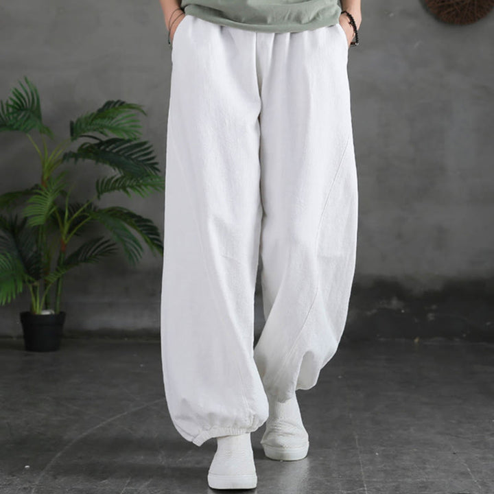 Pantalones de lino y algodón con ramio de color liso con bolsillos y Buddha Stones - image 24