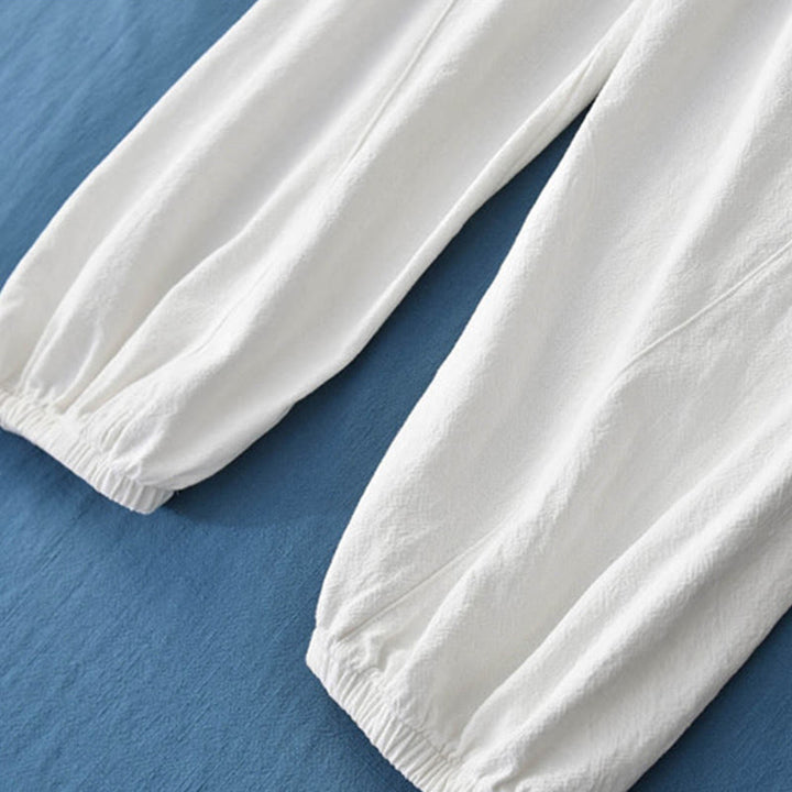 Pantalones de lino y algodón con ramio de color liso con bolsillos y Buddha Stones - image 30