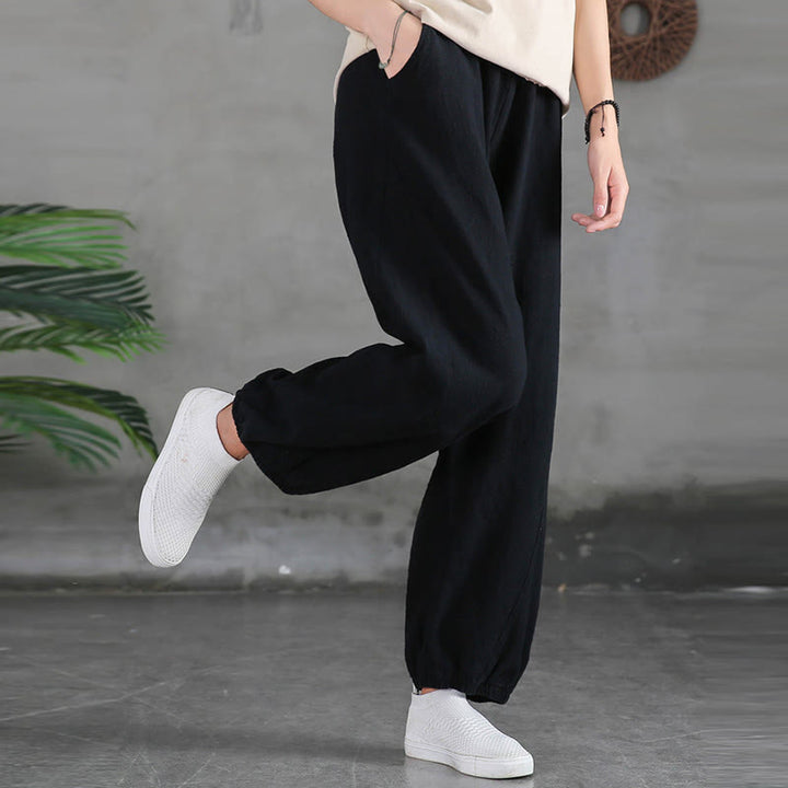 Pantalones de mujer de lino, ramio y algodón lisos con estampado de Buddha Stones y bolsillos. - image 44