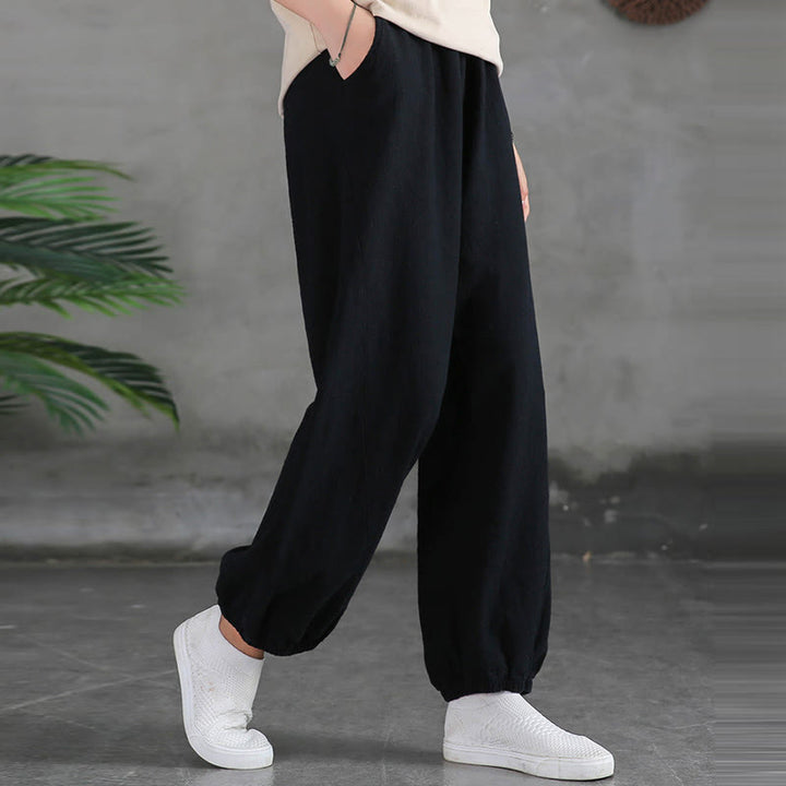 Pantalones de mujer de lino, ramio y algodón lisos con estampado de Buddha Stones y bolsillos. - image 40