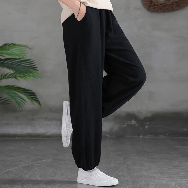 Pantalones de mujer de lino, ramio y algodón lisos con estampado de Buddha Stones y bolsillos. - image 41