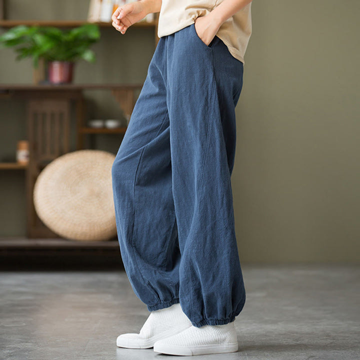 Pantalones de lino y algodón con ramio de color liso con bolsillos y Buddha Stones - image 43