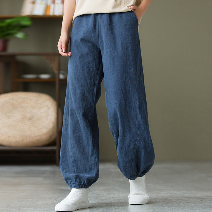 Pantalones de lino y algodón con ramio de color liso con bolsillos y Buddha Stones - image 46