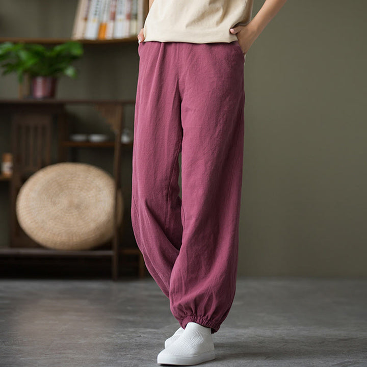 Pantalones de lino y algodón con ramio de color liso con bolsillos y Buddha Stones - image 50