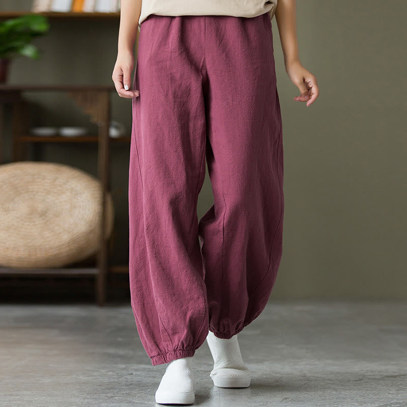 Pantalones de lino y algodón con ramio de color liso con bolsillos y Buddha Stones - image 53