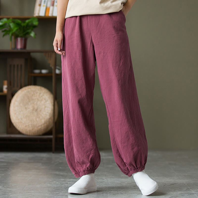 Pantalones de lino y algodón con ramio de color liso con bolsillos y Buddha Stones - image 52