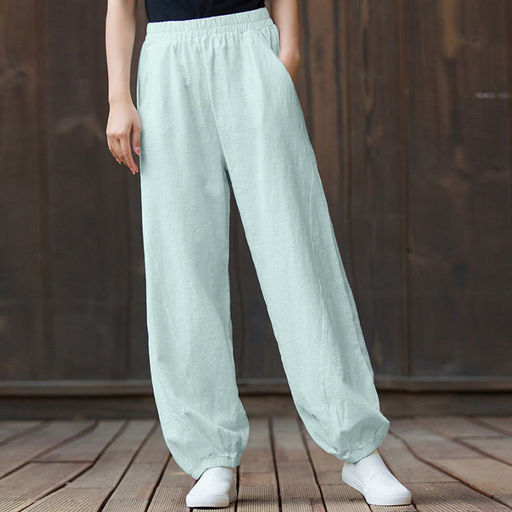 Pantalones de lino y algodón con ramio de color liso con bolsillos y Buddha Stones - image 60