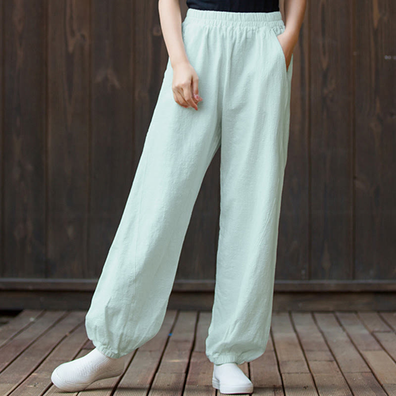 Pantalones de lino y algodón con ramio de color liso con bolsillos y Buddha Stones - image 61