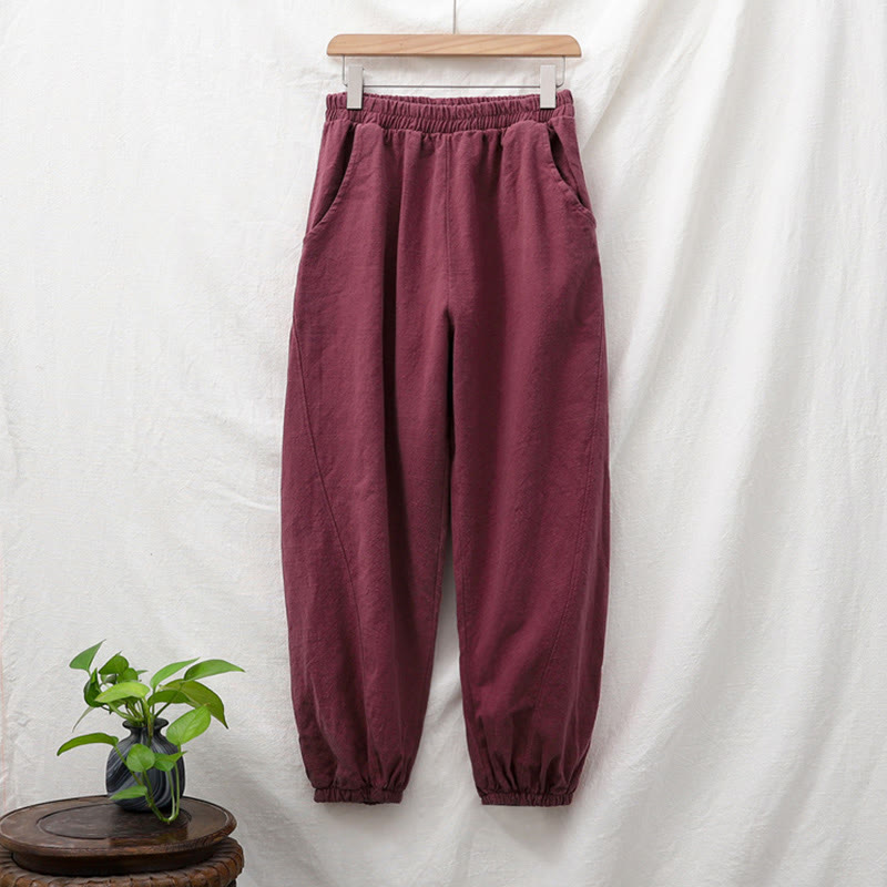 Pantalones de lino y algodón con ramio de color liso con bolsillos y Buddha Stones - image 57