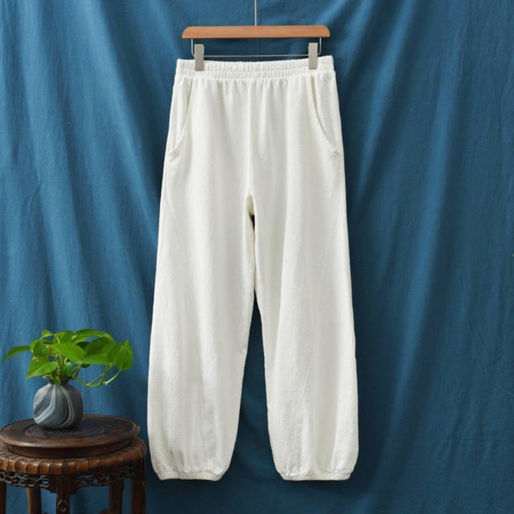 Pantalones de mujer de lino, ramio y algodón lisos con estampado de Buddha Stones y bolsillos. - image 38