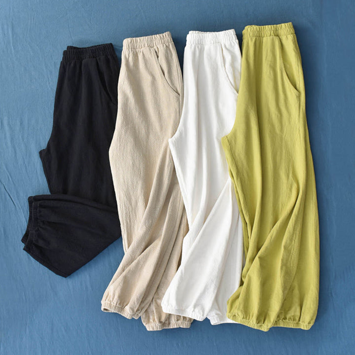 Pantalones de lino y algodón con ramio de color liso con bolsillos y Buddha Stones - image 1