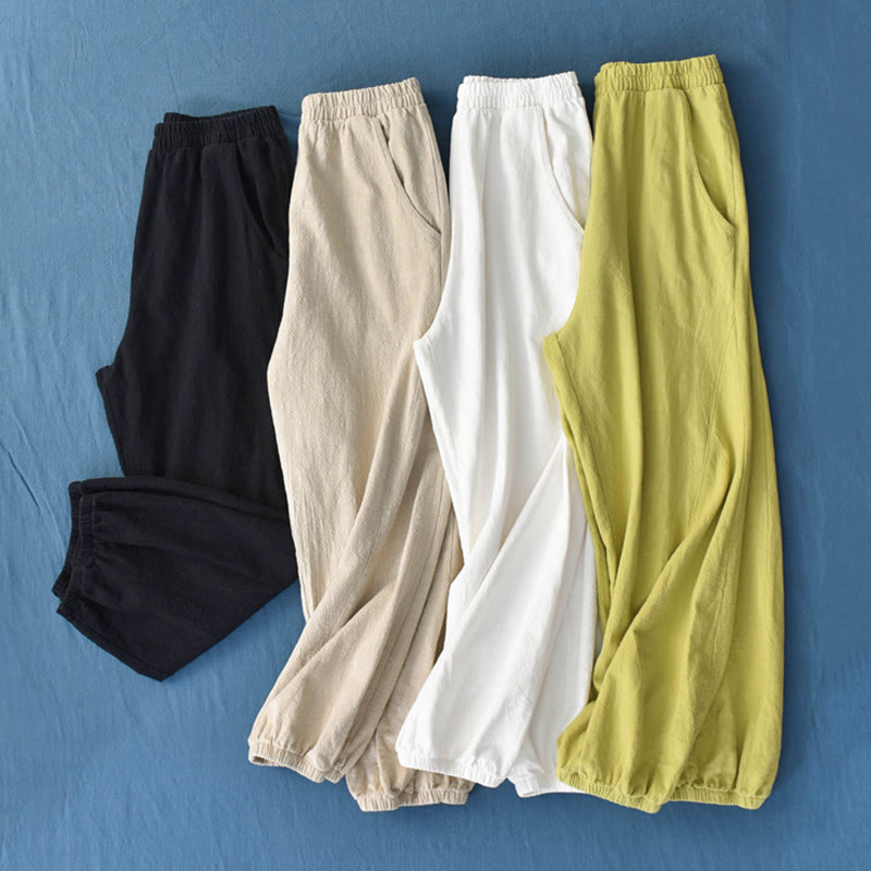 Pantalones de lino y algodón con ramio de color liso con bolsillos y Buddha Stones - image 2