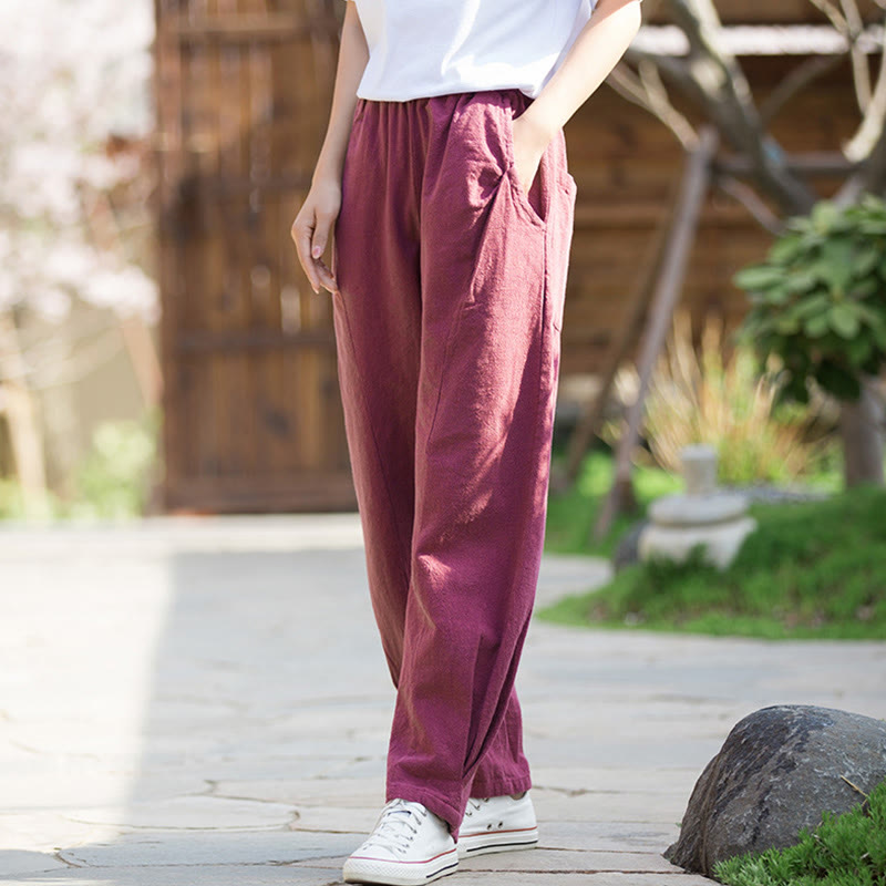 Pantalones de yoga de lino y algodón con bolsillos y diseño informal de Buddha Stones - Violeta pálido rojo - US4，UK/AU8，EU36 (L) - image 14